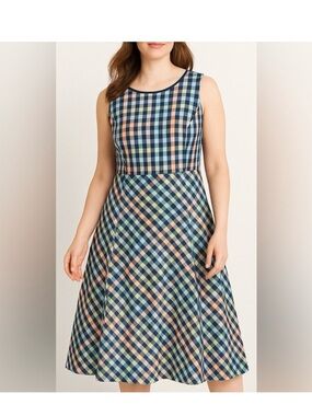 NWT Talbots Navy Plaid Sleeveless Midi Dress with Pastel Accents size 12